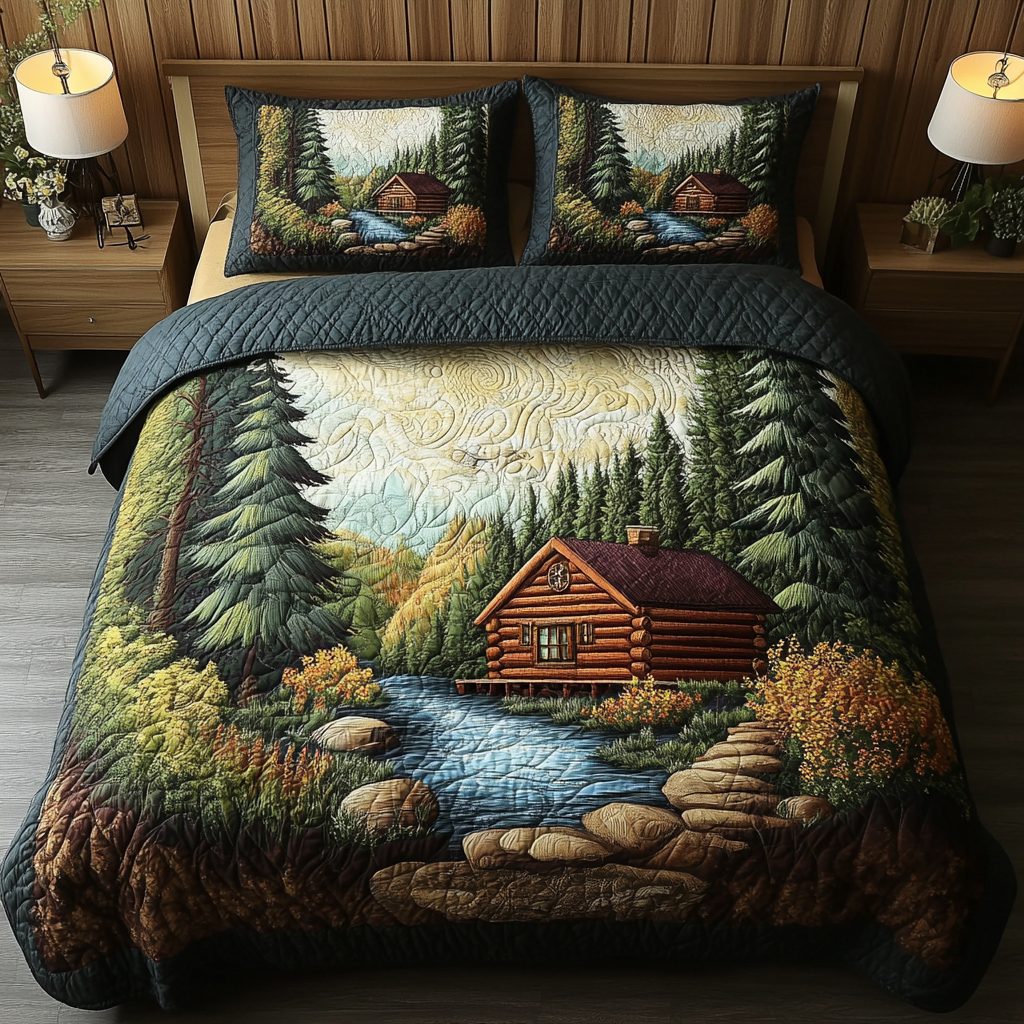 Homestead Hills quilted 3-piece bedding set on a made bed in a rustic timber bedroom