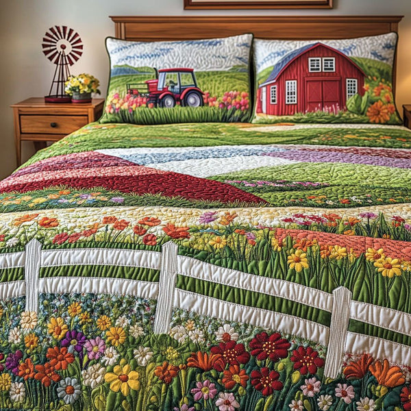 Homestead Horizon quilted 3-piece bedding set on a made bed in a rustic timber bedroom