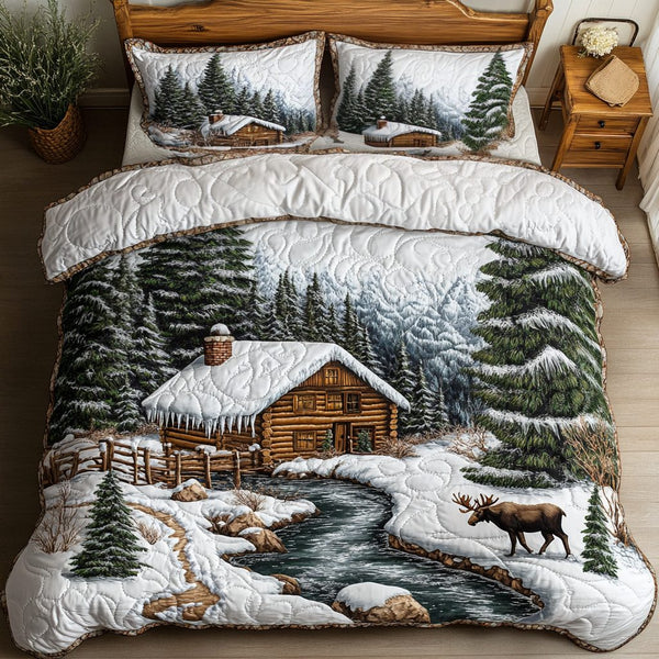 Homestead Log Cabin quilted 3-piece bedding set on a made bed in a rustic timber bedroom