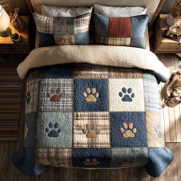 Homestead Paw Dream quilted 3-piece bedding set on a made bed in a rustic timber bedroom