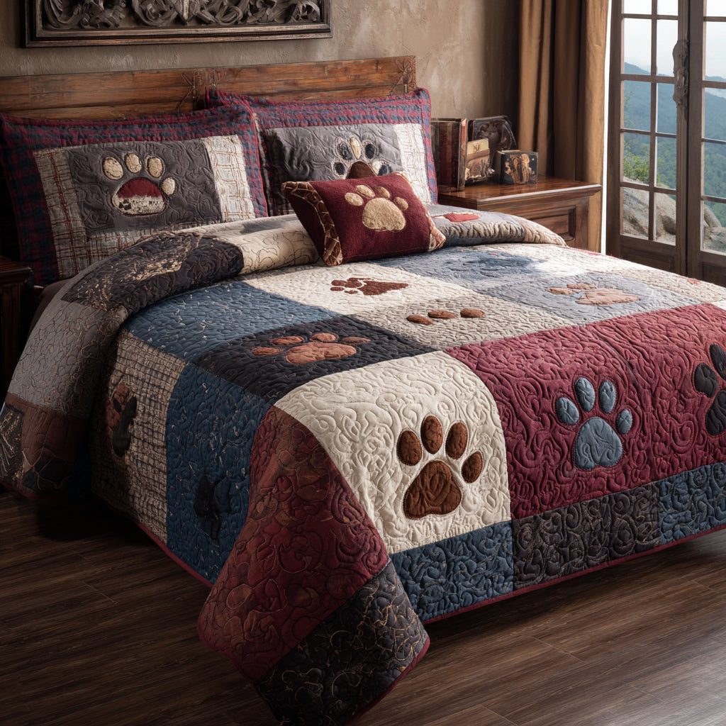 Homestead Paws quilted 3-piece bedding set on a made bed in a rustic timber bedroom