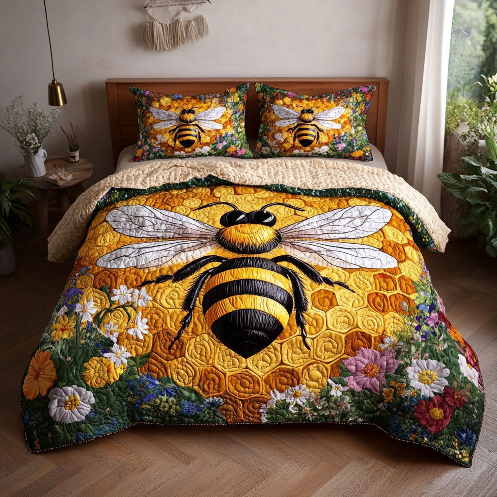Honeycomb Haven quilted 3-piece bedding set on a made bed with two matching pillow shams