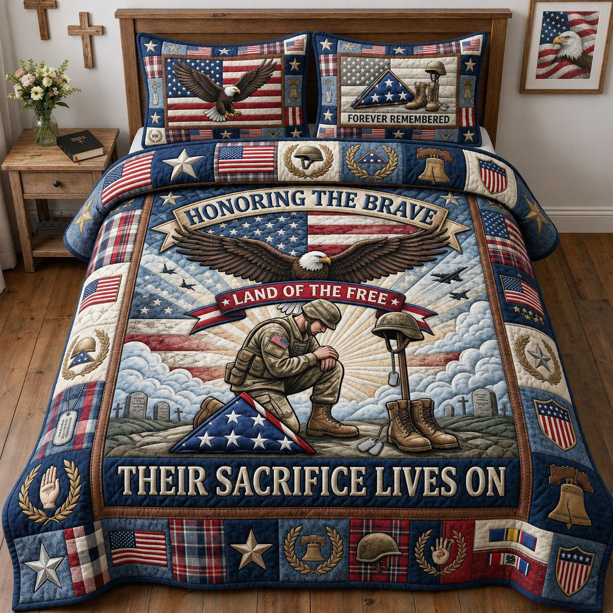 Honoring The Brave quilted 3-piece bedding set on a made bed with two matching pillow shams