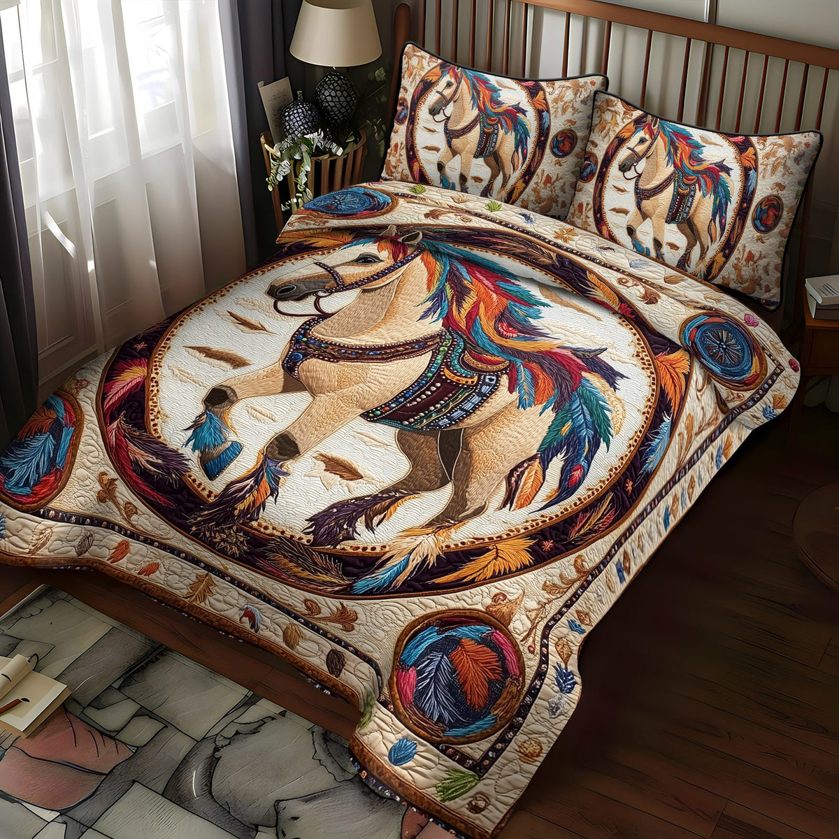 Hoofbeats in Harmony quilted 3-piece bedding set on a made bed with two matching pillow shams