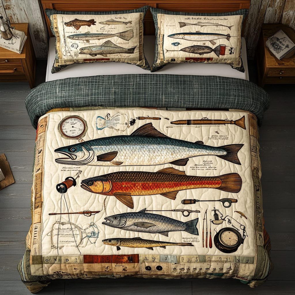 Hook Line quilted 3-piece bedding set on a made bed with two matching pillow shams