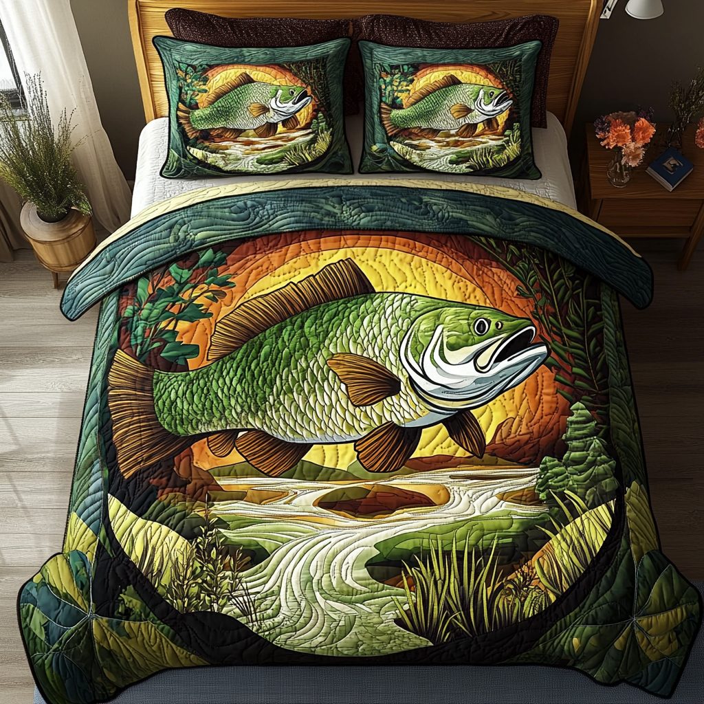 Hooked and Landed quilted 3-piece bedding set on a made bed with two matching pillow shams