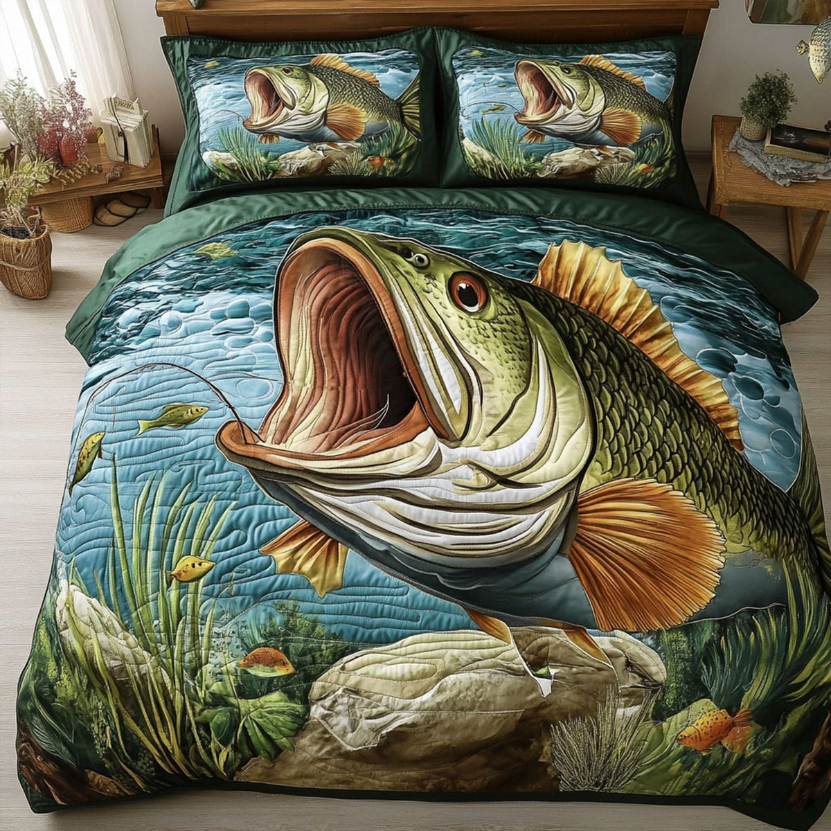 Hooked Bass quilted 3-piece bedding set on a made bed with two matching pillow shams