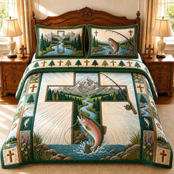 Hooked By Faith quilted 3-piece bedding set on a made bed in a softly lit bedroom