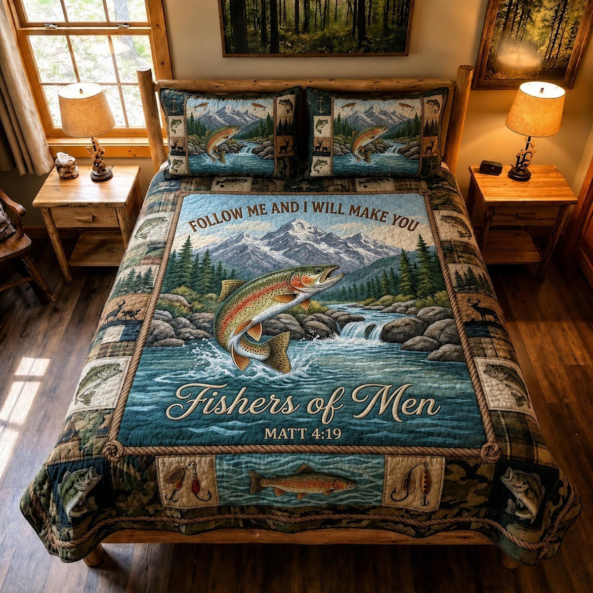 Hooked Faith quilted 3-piece bedding set on a made bed in a softly lit bedroom