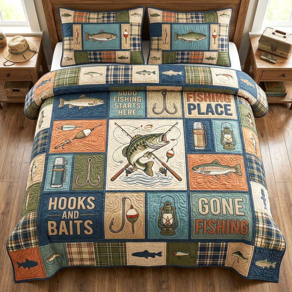Hooked Life quilted 3-piece bedding set on a made bed with two matching pillow shams
