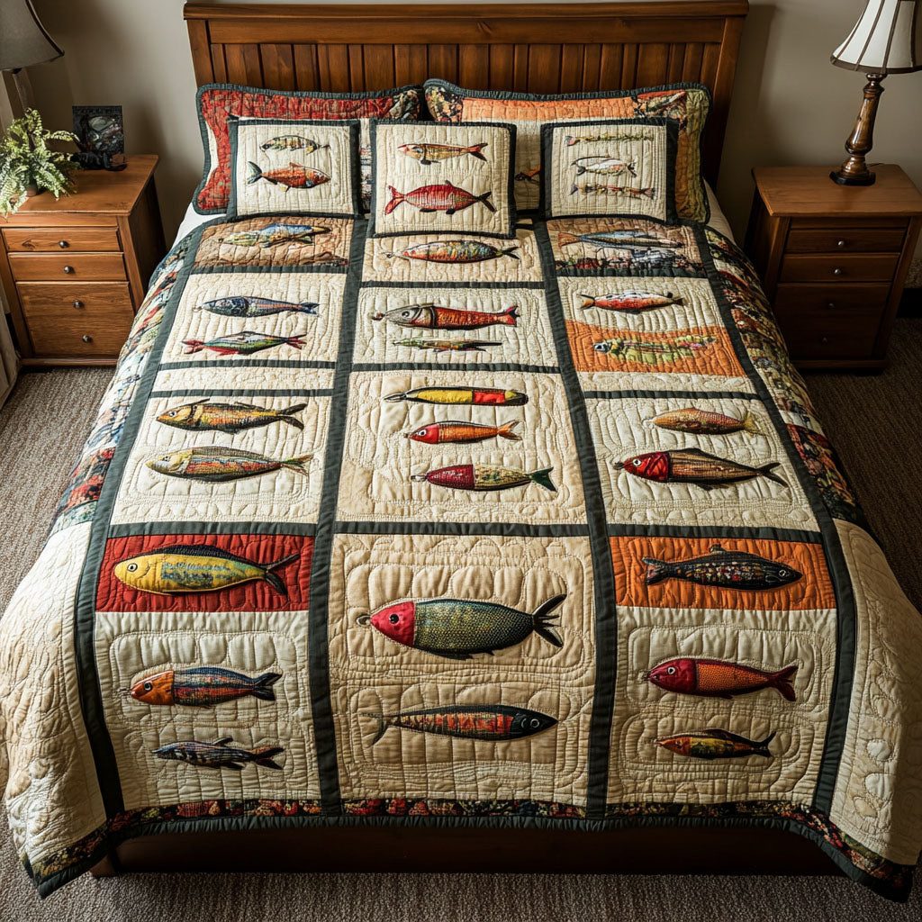 Hooked on Comfort quilted 3-piece bedding set on a made bed with two matching pillow shams