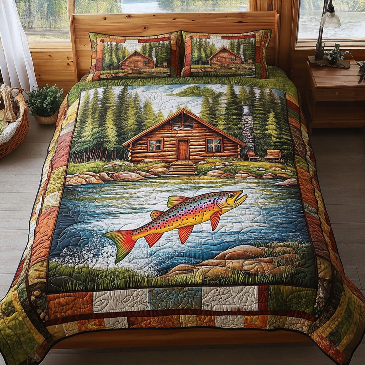 Hooked on the Lake quilted 3-piece bedding set on a made bed with two matching pillow shams