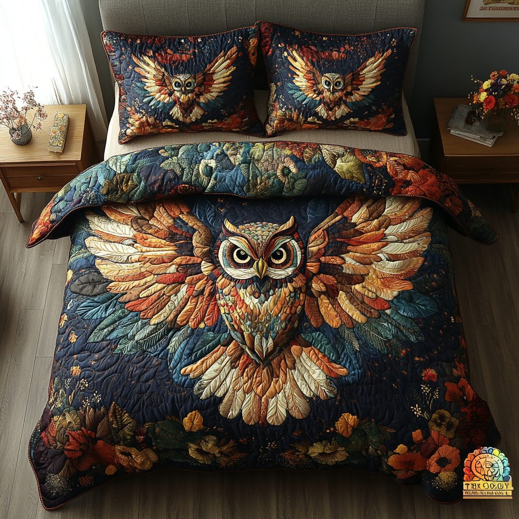Hoot and Harmony quilted 3-piece bedding set on a made bed with two matching pillow shams