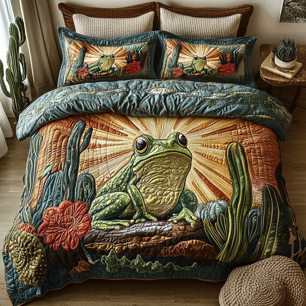 Hopping Dust quilted 3-piece bedding set on a made bed with two matching pillow shams