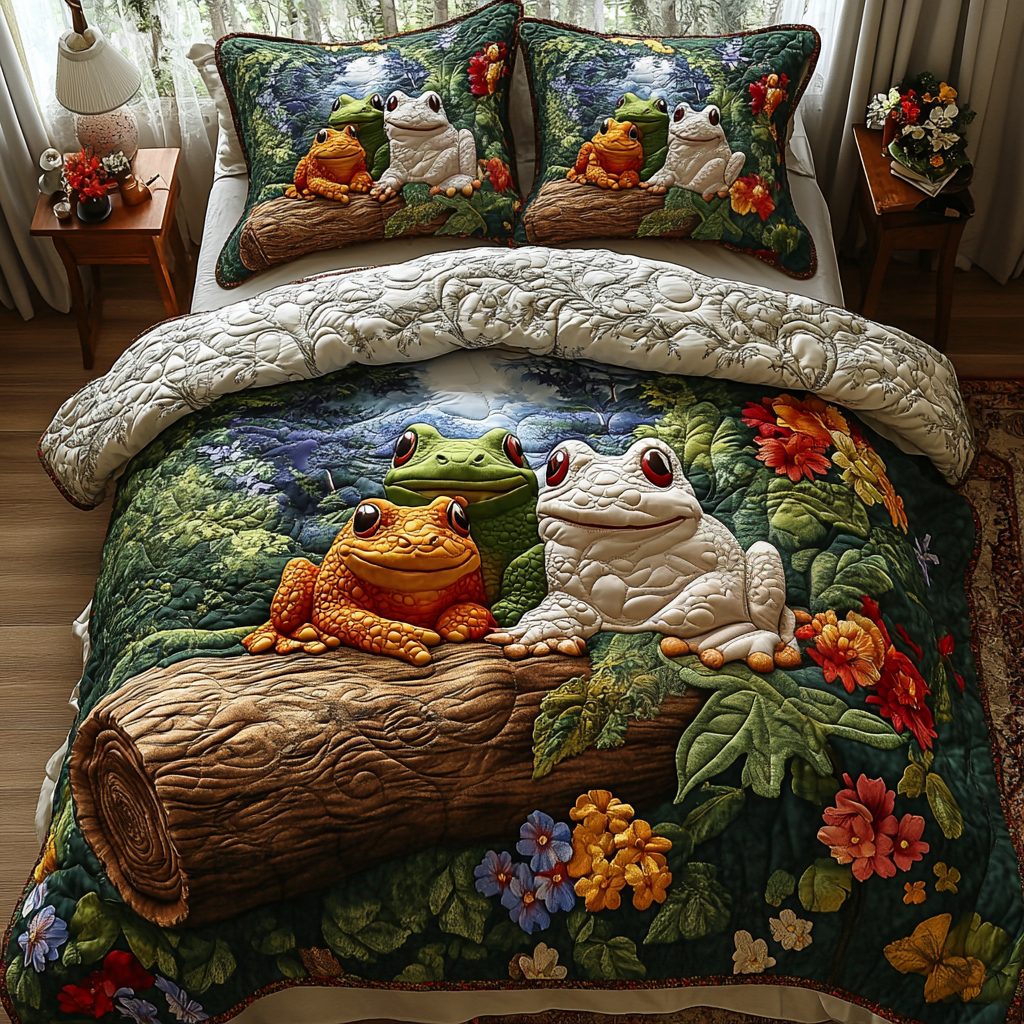 Hopping Harmony quilted 3-piece bedding set on a made bed with two matching pillow shams