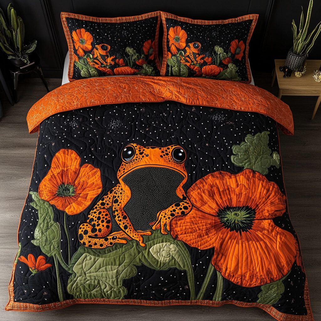 Hoppy Charm quilted 3-piece bedding set on a made bed with two matching pillow shams