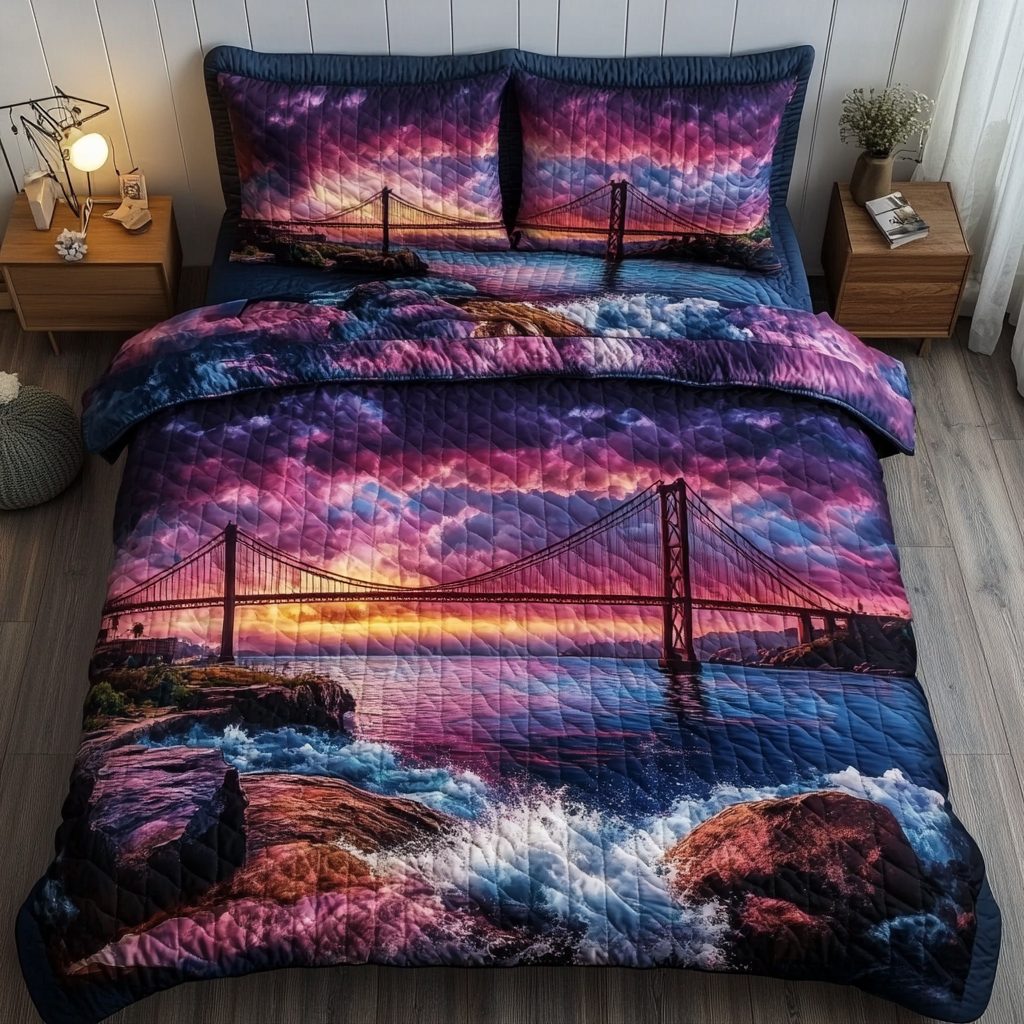 Horizon Glow quilted 3-piece bedding set on a made bed with two matching pillow shams