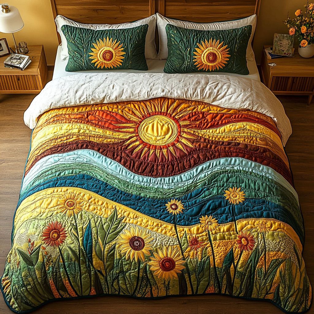 Horizon Glow quilted 3-piece bedding set on a made bed with two matching pillow shams