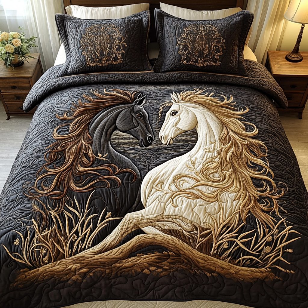 Horizon Hoof quilted 3-piece bedding set on a made bed with two matching pillow shams