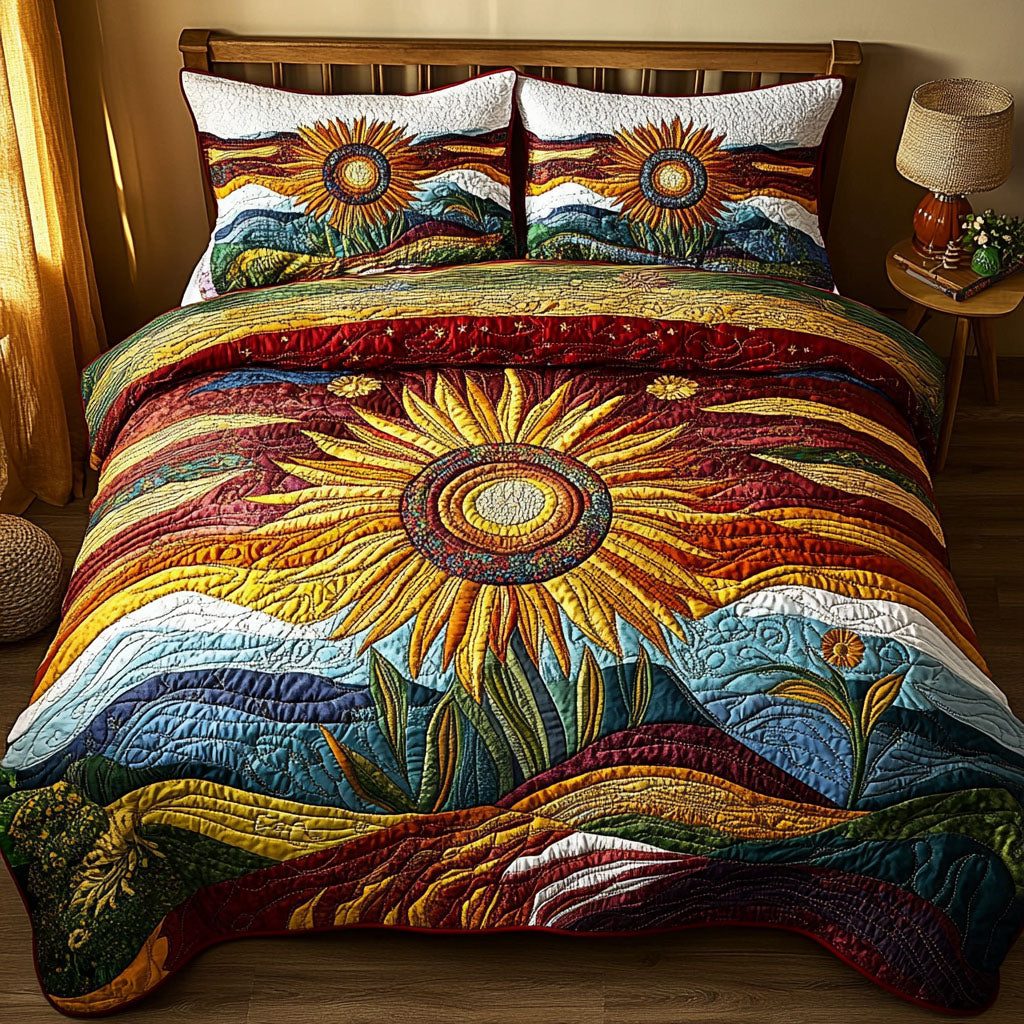 Horizon of Gold quilted 3-piece bedding set on a made bed with two matching pillow shams