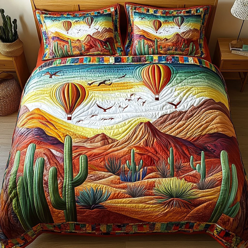Horizon Ride quilted 3-piece bedding set on a made bed with two matching pillow shams