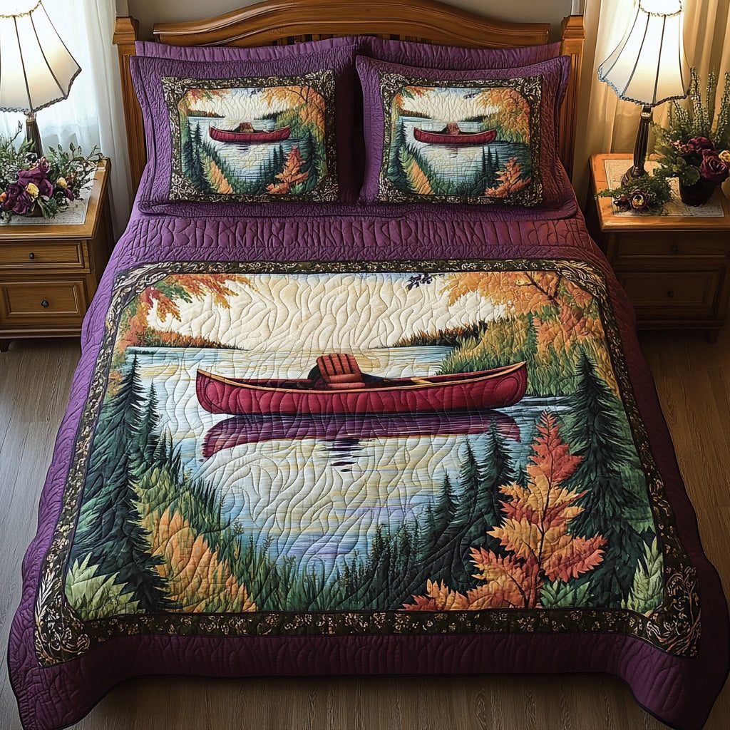 Horizon Row quilted 3-piece bedding set on a made bed with two matching pillow shams