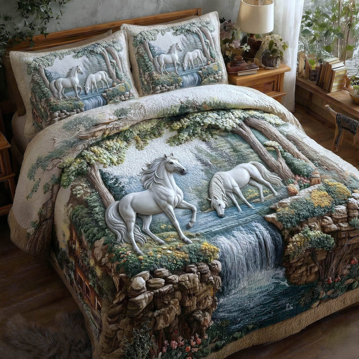 Horse Couple quilted 3-piece bedding set on a made bed in a rustic timber bedroom