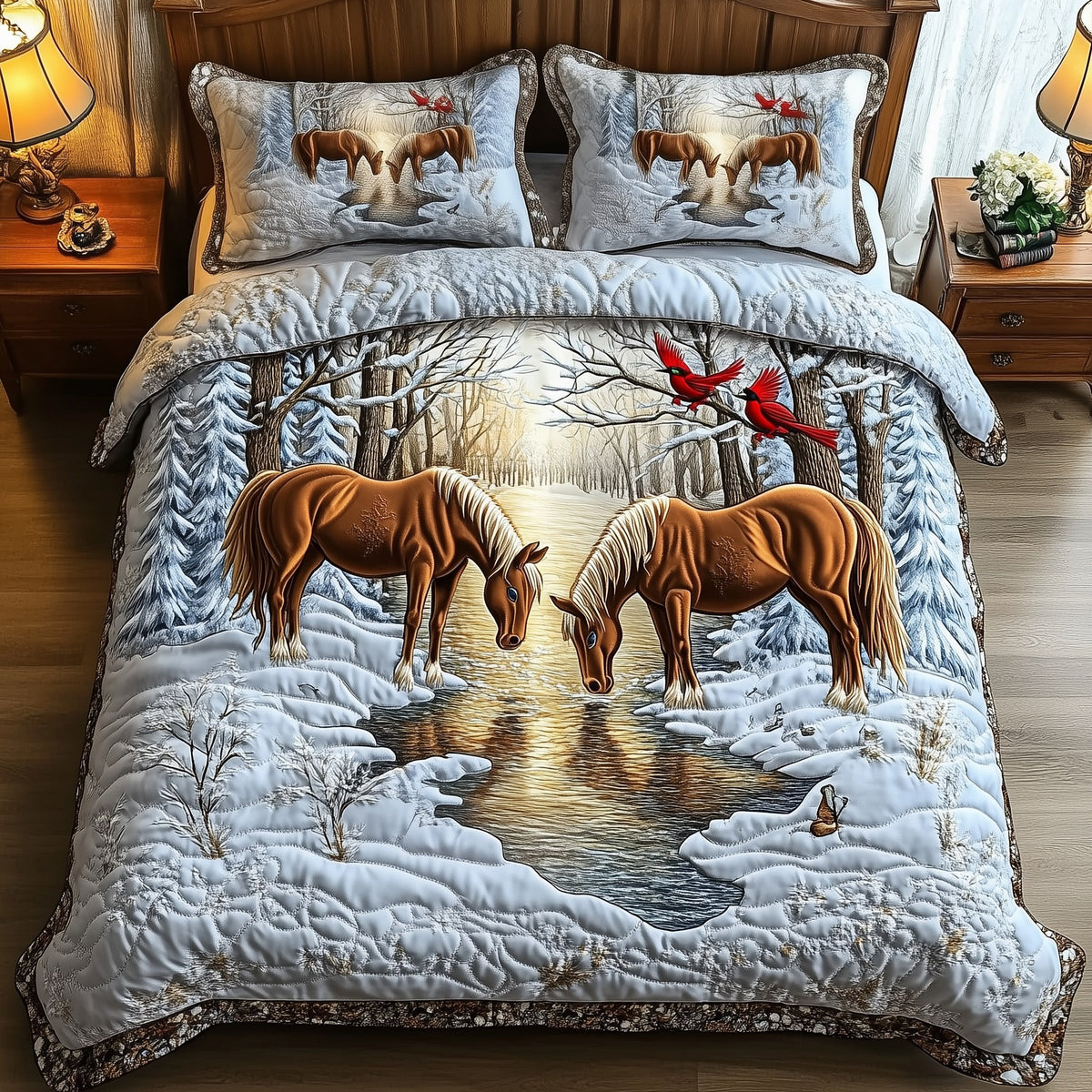 Horse Couple Winter quilted 3-piece bedding set on a made bed in a winter-styled bedroom