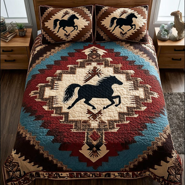 Horse Dream quilted 3-piece bedding set on a made bed in a rustic timber bedroom