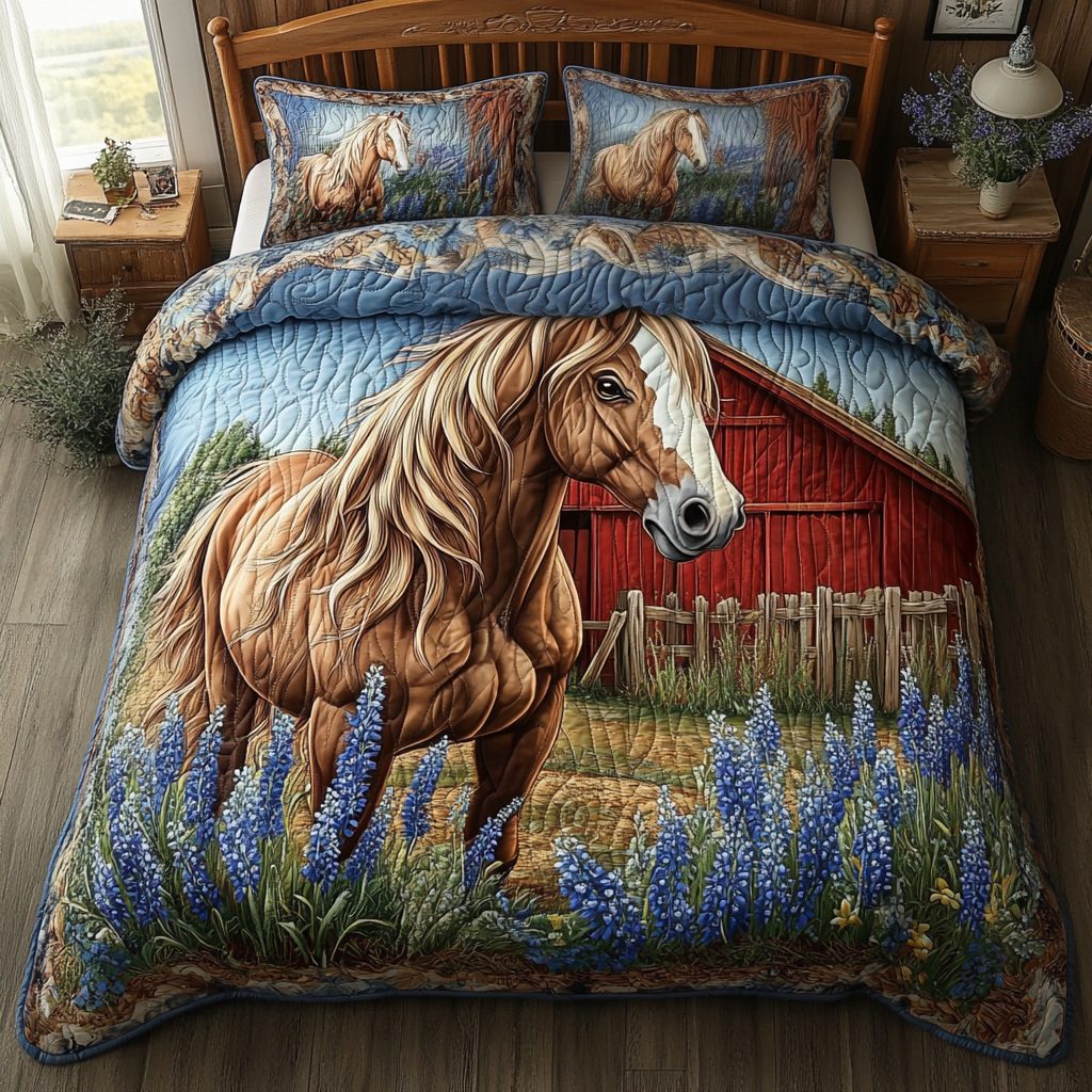Horse Glory quilted 3-piece bedding set on a made bed in a rustic timber bedroom