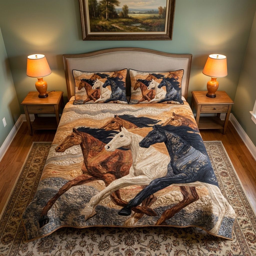 Horse Harmony quilted 3-piece bedding set on a made bed in a rustic timber bedroom