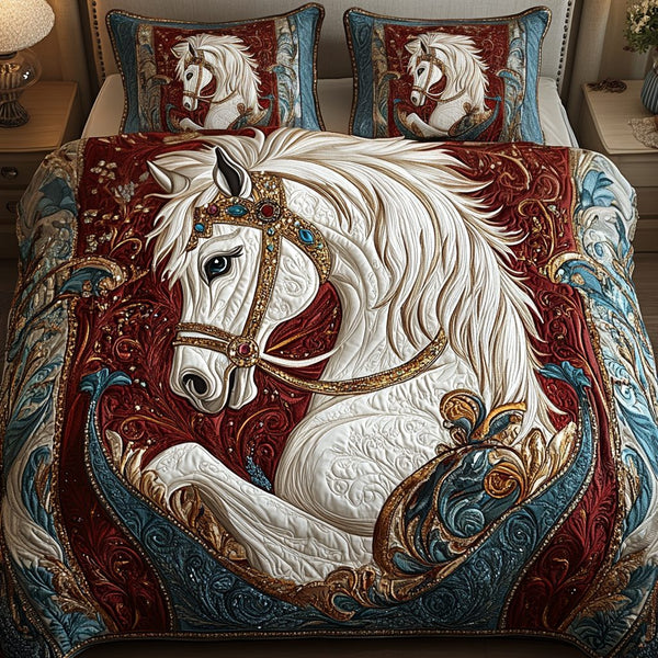 Horse Haven quilted 3-piece bedding set on a made bed in a rustic timber bedroom