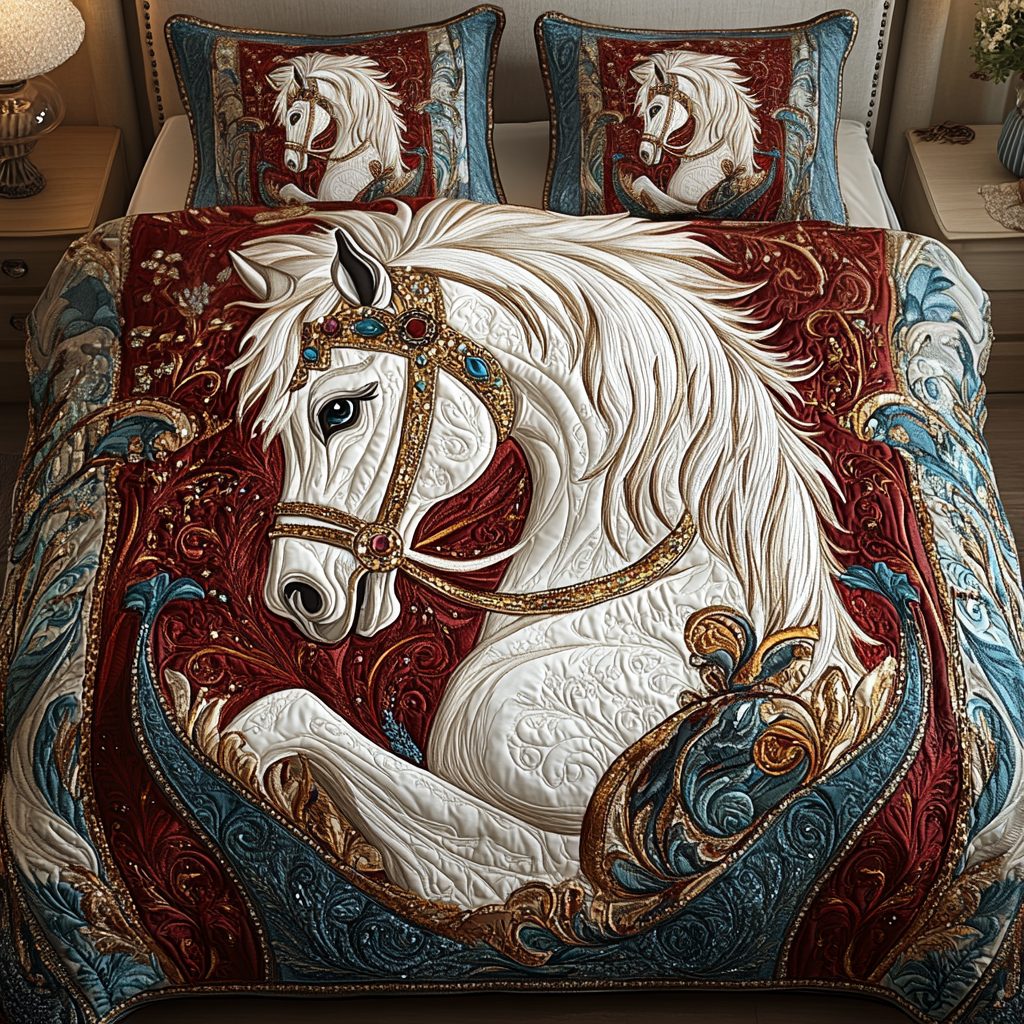 Horse Haven quilted 3-piece bedding set on a made bed in a rustic timber bedroom