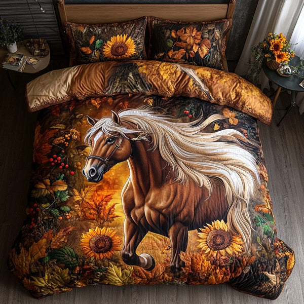 Horse Journey quilted 3-piece bedding set on a made bed in a rustic timber bedroom