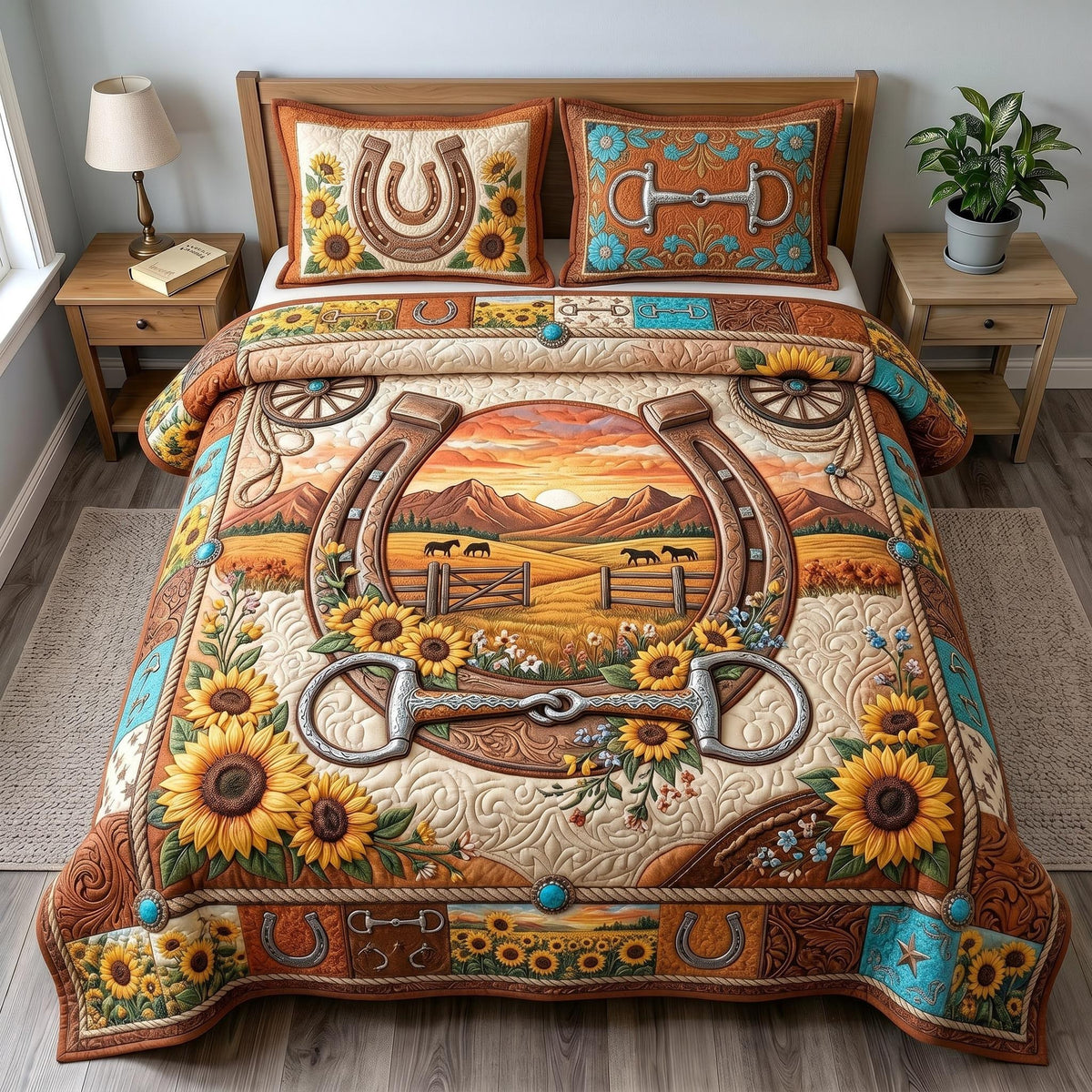 Horse Legacy quilted 3-piece bedding set on a made bed in a rustic timber bedroom