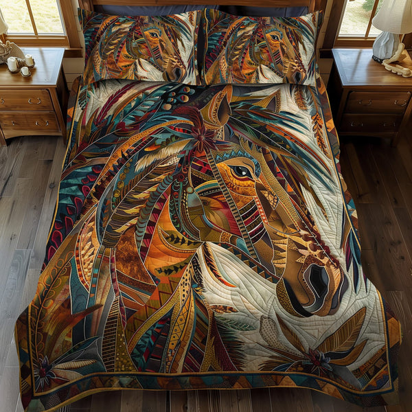 Horse Native quilted 3-piece bedding set on a made bed in a rustic timber bedroom