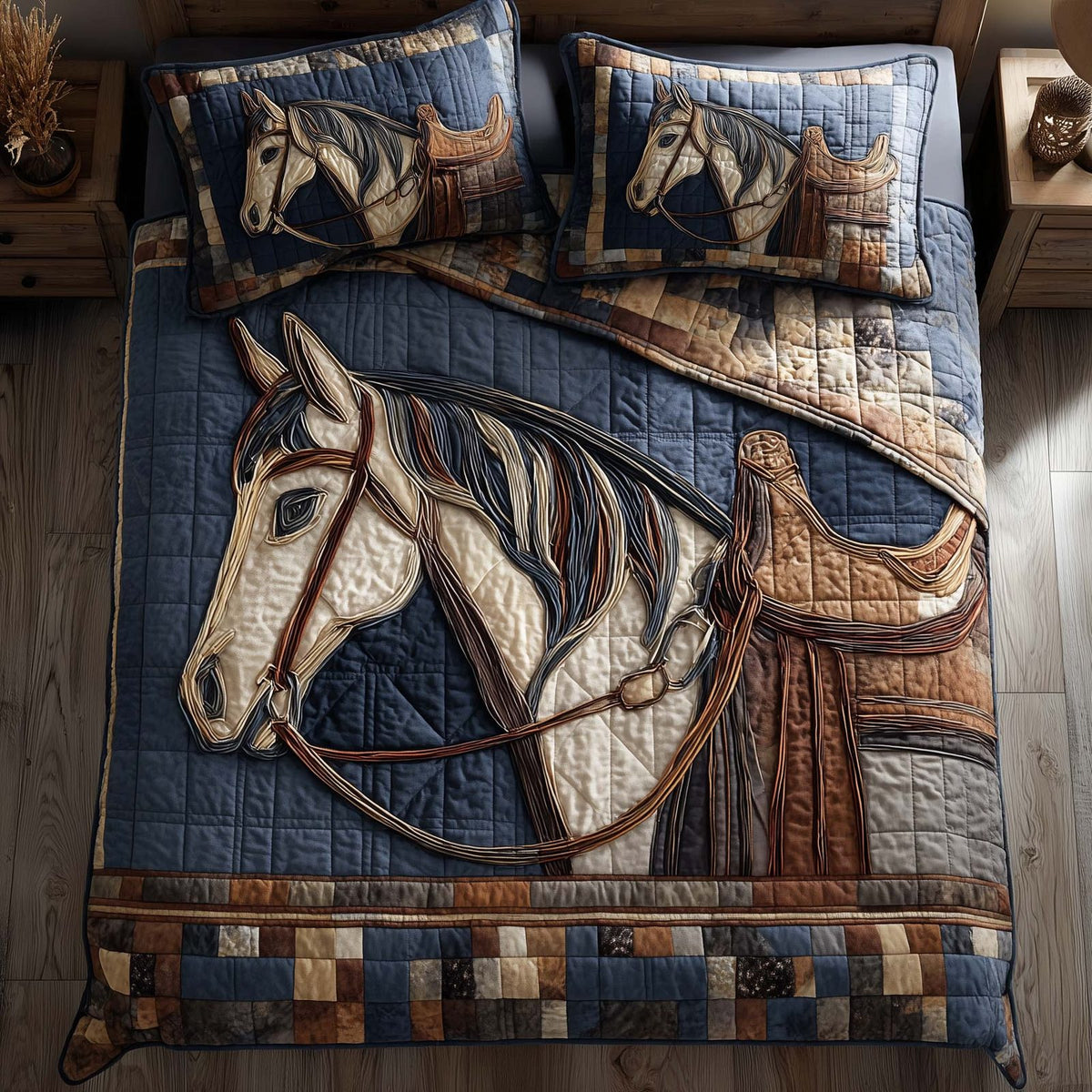 Horse Pride quilted 3-piece bedding set on a made bed in a rustic timber bedroom