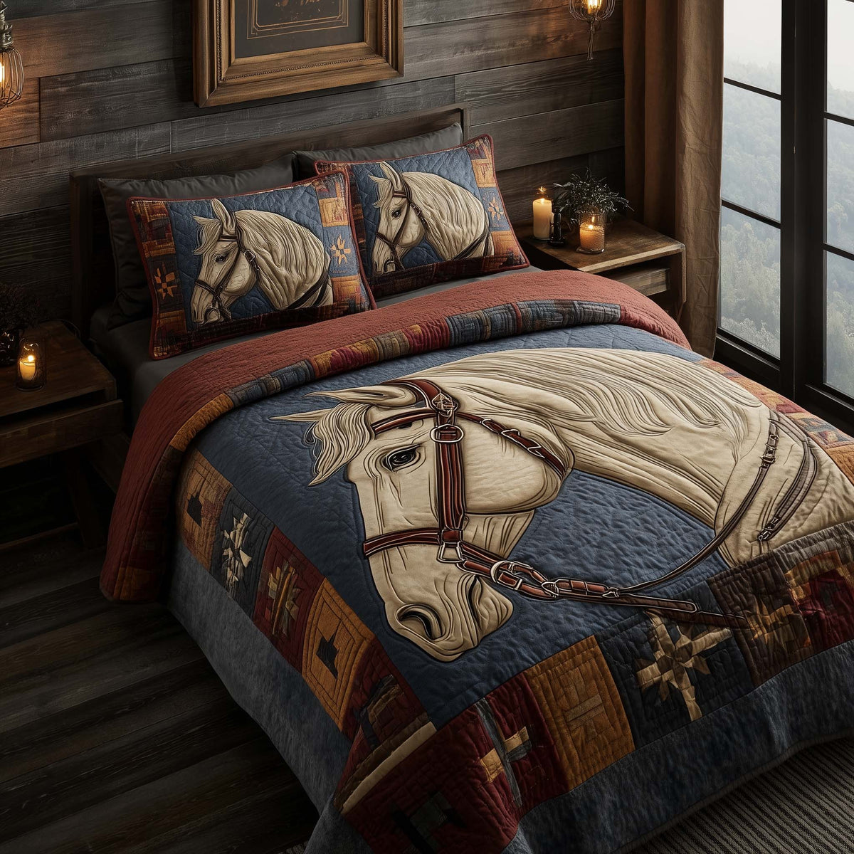Horse Pride quilted 3-piece bedding set on a made bed in a rustic timber bedroom