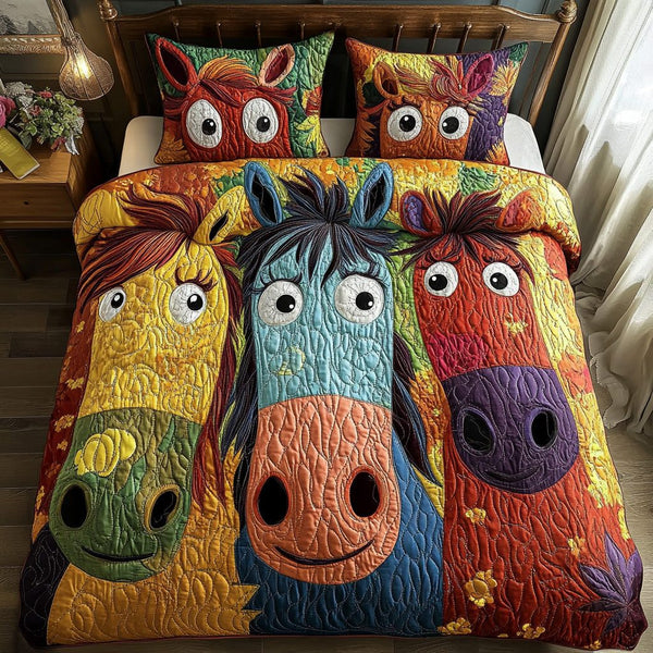 Horse quilted 3-piece bedding set on a made bed in a rustic timber bedroom