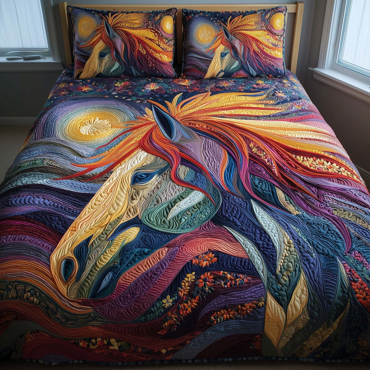 Horse Spirit quilted 3-piece bedding set on a made bed in a rustic timber bedroom