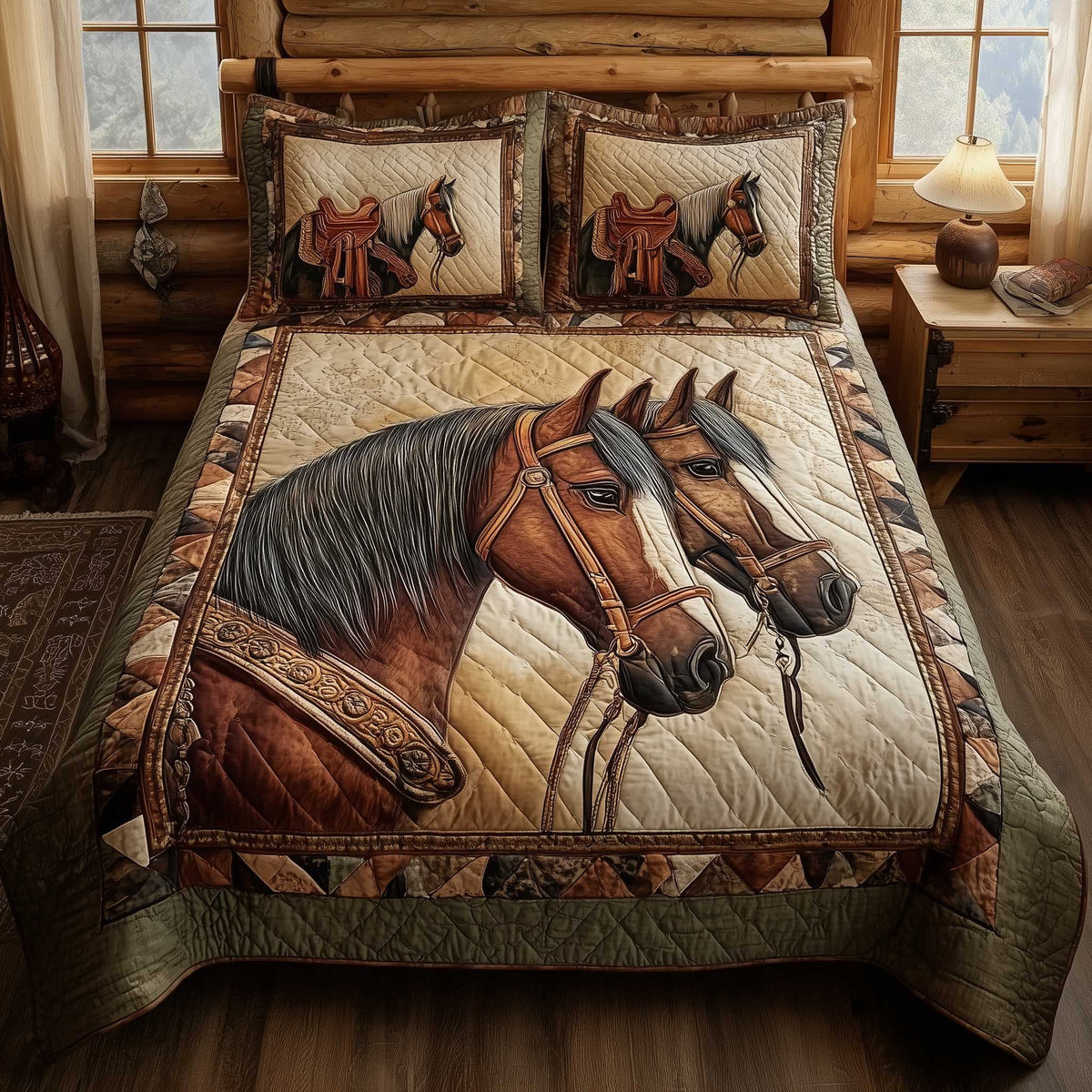 Horse Spirit quilted 3-piece bedding set on a made bed in a rustic timber bedroom