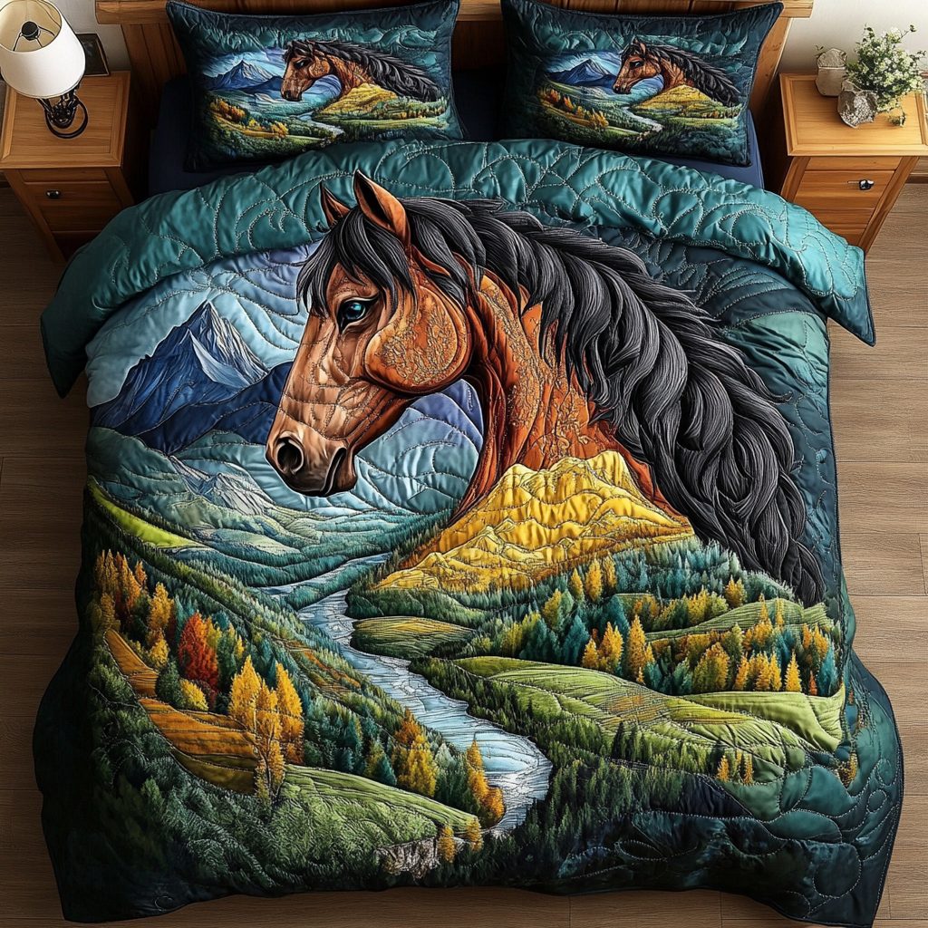 Horseback Dreams quilted 3-piece bedding set on a made bed with two matching pillow shams