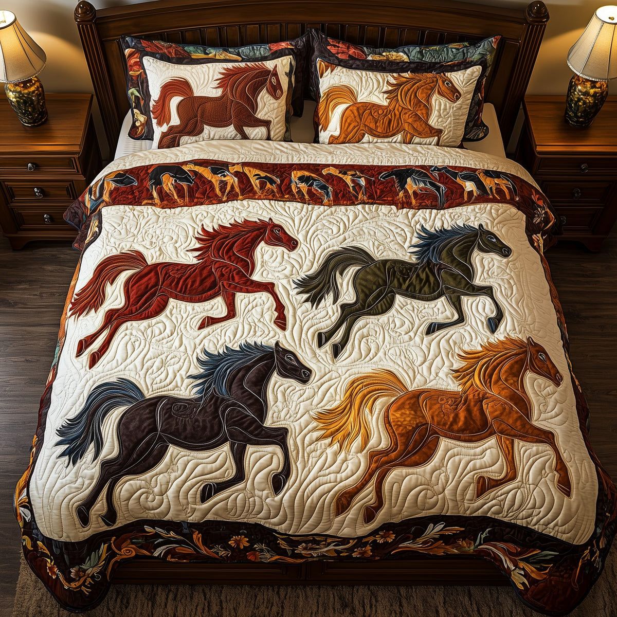 Horses of Fortune quilted 3-piece bedding set on a made bed in a rustic timber bedroom