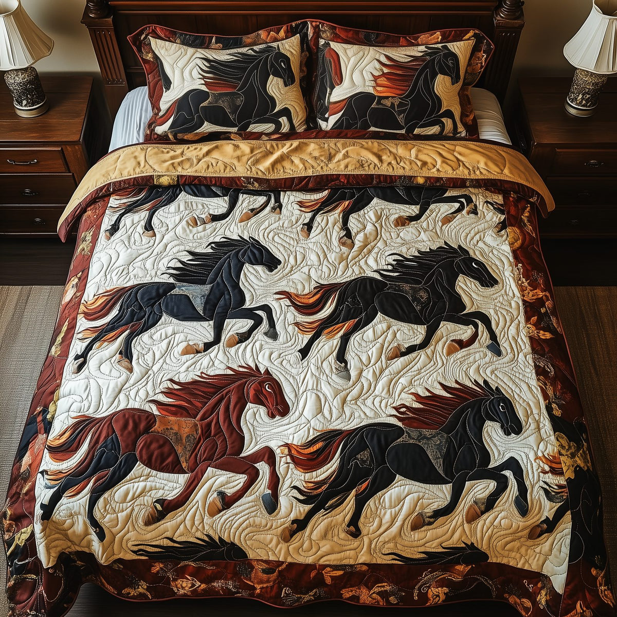 Horses of Fortune quilted 3-piece bedding set on a made bed in a rustic timber bedroom