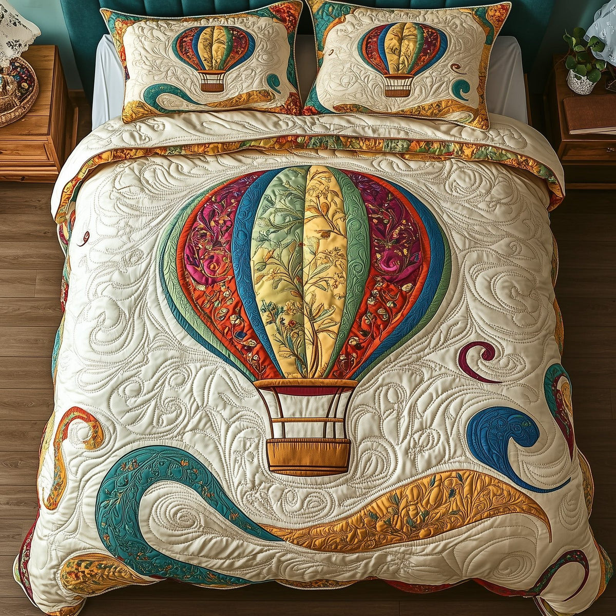 Hot Air Balloon quilted 3-piece bedding set on a made bed with two matching pillow shams