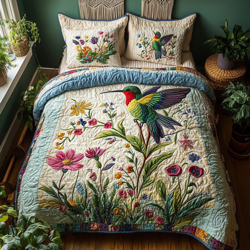 Hover Dance quilted 3-piece bedding set on a made bed with two matching pillow shams