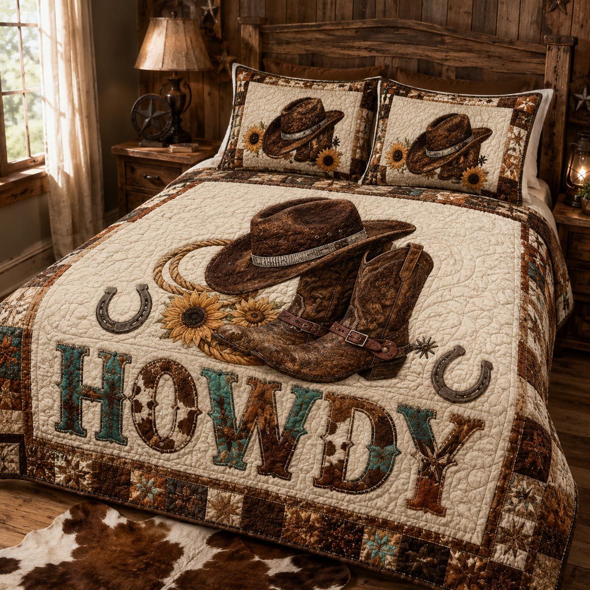 Howdy Heritage quilted 3-piece bedding set on a made bed in a farmhouse bedroom