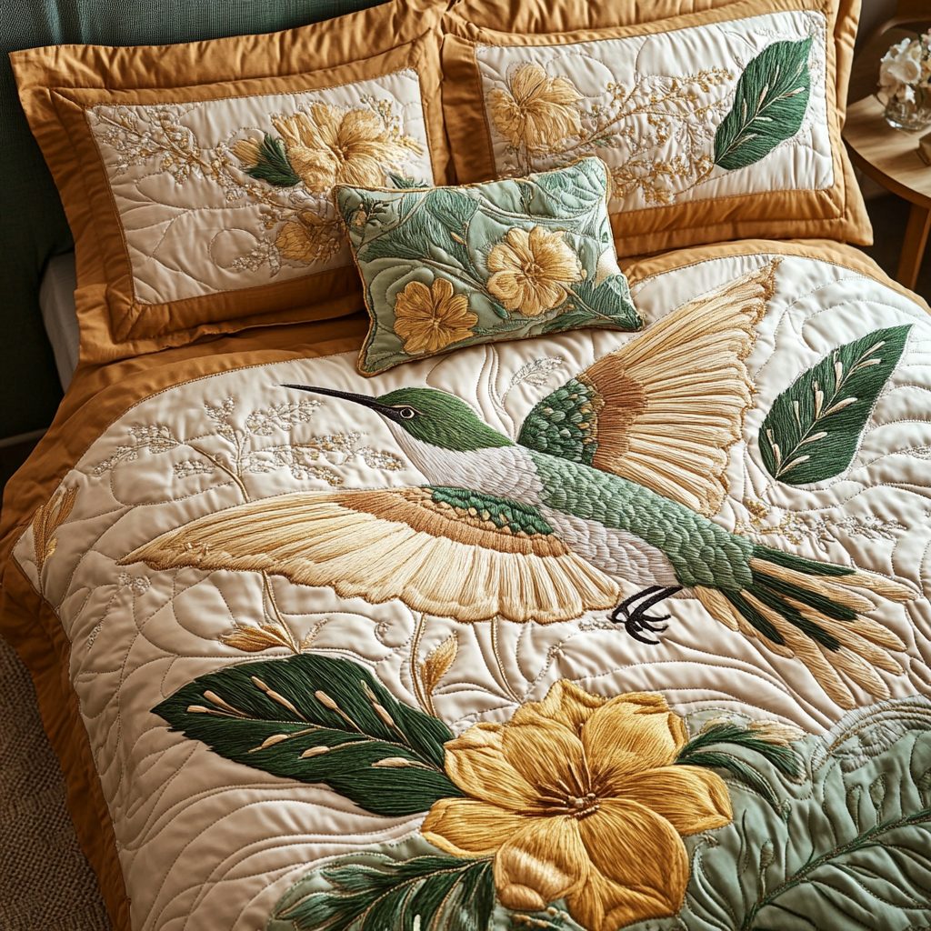 Humming Bloom quilted 3-piece bedding set on a made bed with two matching pillow shams