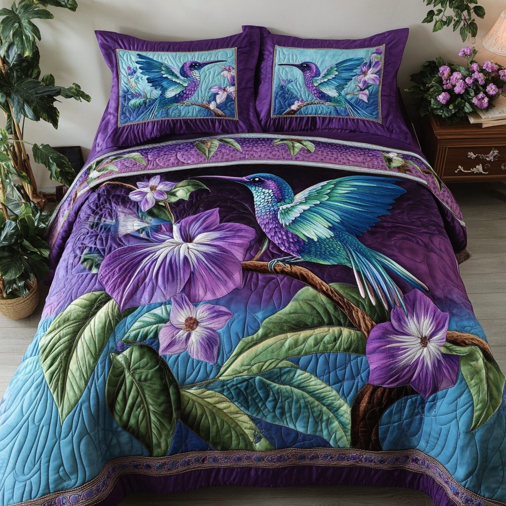 Humming Bloom quilted 3-piece bedding set on a made bed with two matching pillow shams