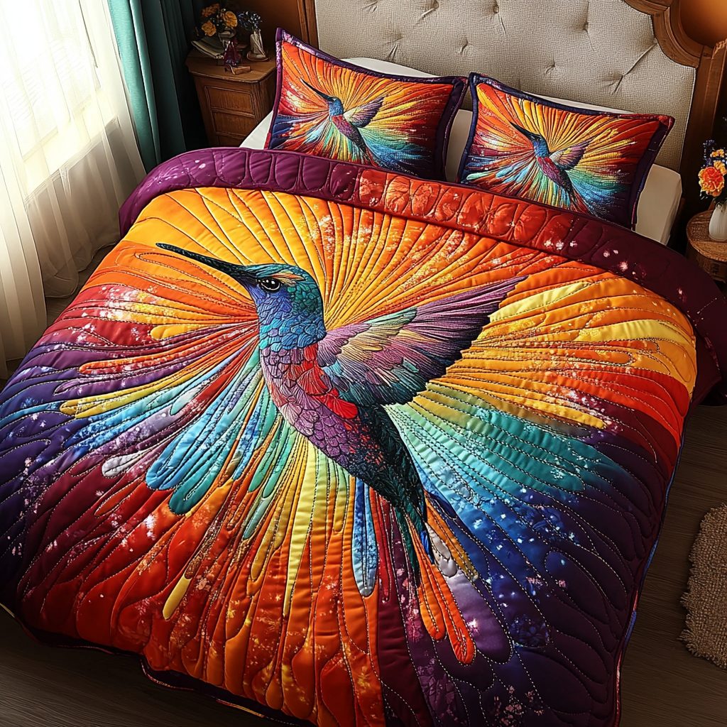 Humming Grace quilted 3-piece bedding set on a made bed with two matching pillow shams